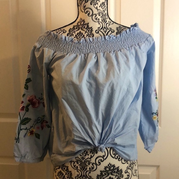 JOA Blouse Embroidered Blue Stretch Off Shoulder Tie S - Picture 1 of 5
